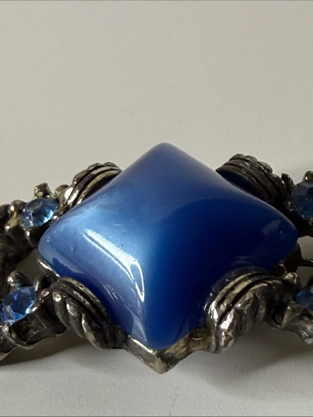 Blue diamond shape moonglow rhinestone chunky gunmetal Vintage Bracelet art deco